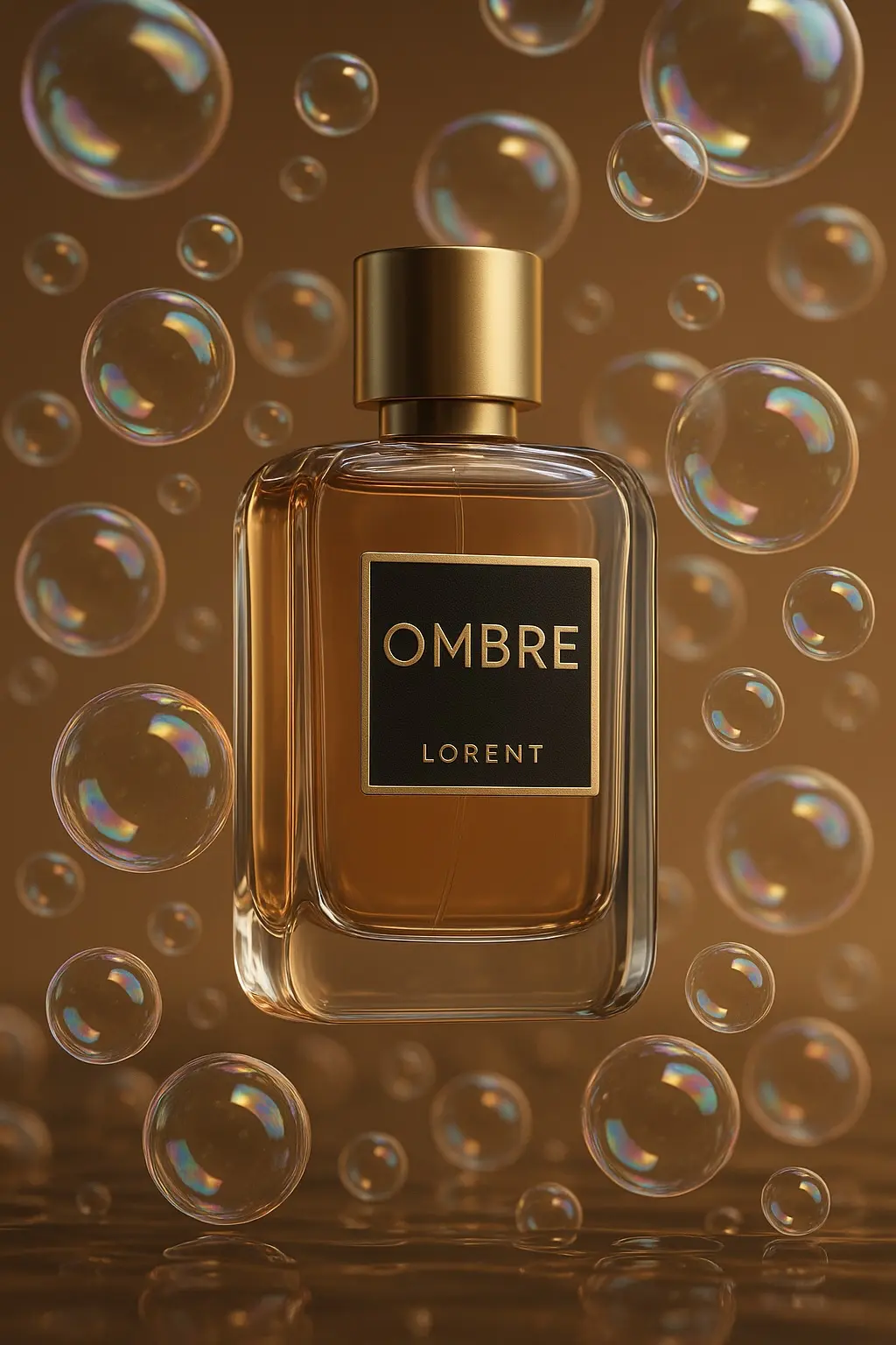 Packaging of a bottle of a famous brand perfume, in a colorful blender scene